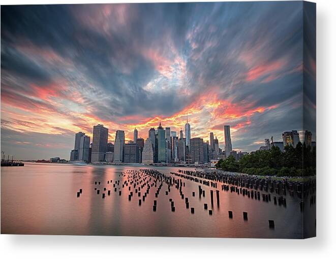Manhattan Canvas Print featuring the photograph Burning Sunset over Manhattan by Raf Winterpacht