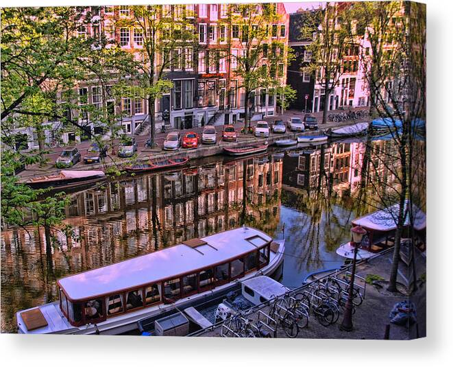 Amsterdam Canal Traffic Canvas Print featuring the photograph Amsterdam Canal Scene 7 by Allen Beatty