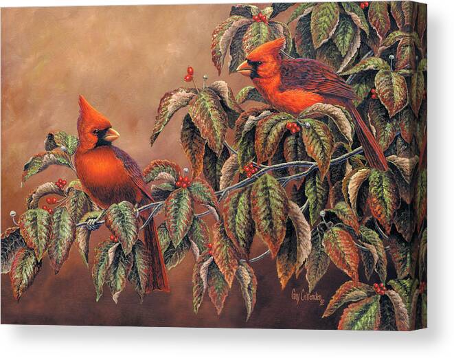  Canvas Print featuring the painting Cardinals in Dogwood by Guy Crittenden