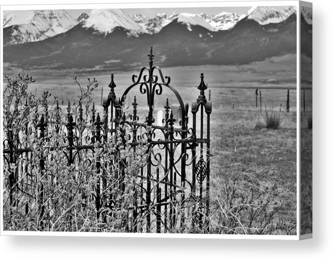 Cemetery B&w Canvas Print featuring the photograph Cemetery Gate and Mountains by Sandra Dalton