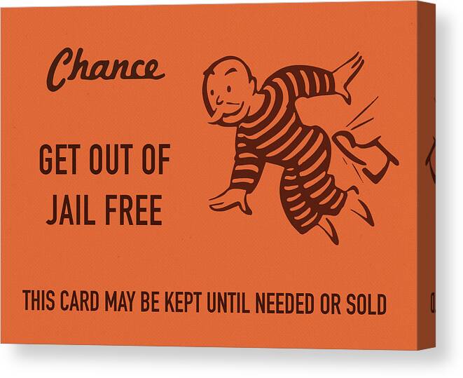 Chance Canvas Print featuring the mixed media Chance Card Vintage Monopoly Get Out of Jail Free by Design Turnpike