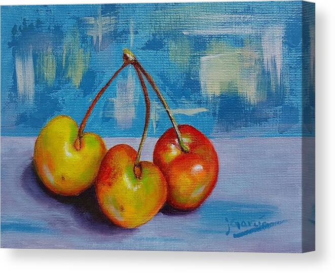 Cherries Canvas Print featuring the painting Cherries Trio by Janet Garcia