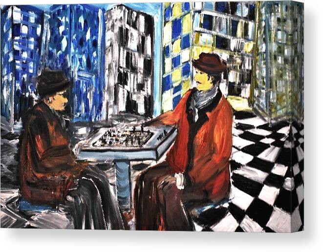 Cityscape Canvas Print featuring the painting Chess Mania by Evelina Popilian