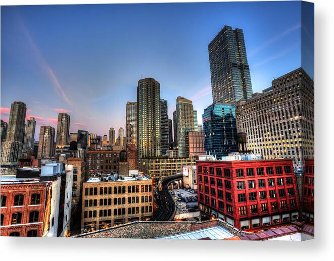 Chicago Canvas Print featuring the photograph Chicago Rooftop and Sunset by Shawn Everhart