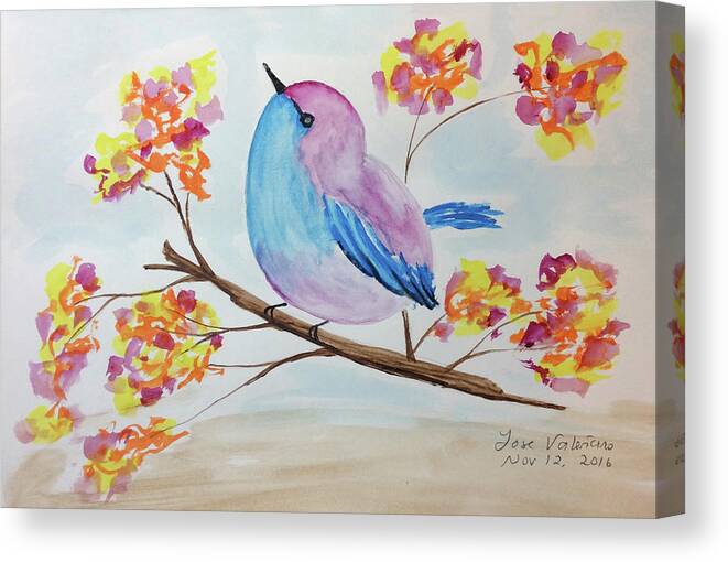 Watercolor Canvas Print featuring the painting Chickadee on a branch with head up by Martin Valeriano