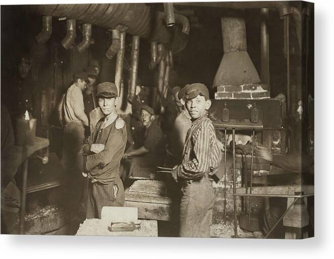 Labor Canvas Print featuring the painting Child laborers in glassworks. Indiana, 1908 by Celestial Images