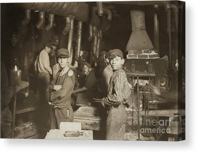 Lewis Wickes Hine Canvas Print featuring the painting Child laborers in glassworks by Celestial Images