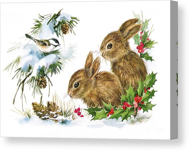 Christmas Canvas Print featuring the painting Christmas Bunny Rabbits and Birds Holley by Vintage Collectables