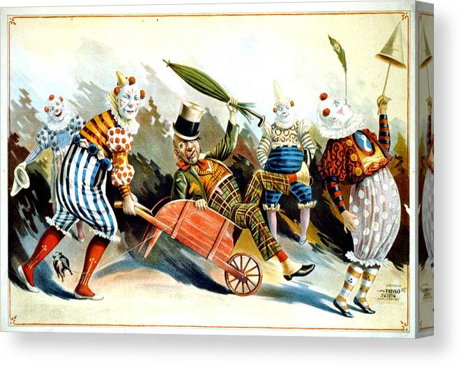 Circus Clowns Canvas Print featuring the mixed media Circus Clowns - Vintage Circus Advertising Poster by Studio Grafiikka