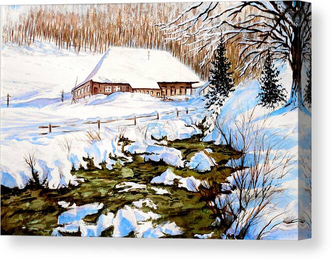 Golf Course In Alberta Canvas Print featuring the painting Clubhouse in Winter by Sher Nasser Artist