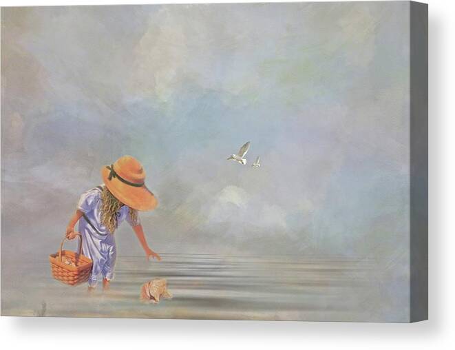 Little Girl Collecting Sea Shells In A Basket Canvas Print featuring the photograph Collecting Sea Shells by Mary Timman
