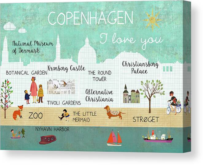 Copenhagen I Love You Canvas Print featuring the mixed media Copenhagen I love you by Claudia Schoen