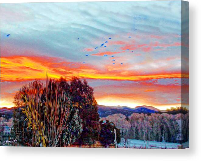 Winter Scene Canvas Print featuring the photograph Crows Before Dawn El Valle New Mexico by Anastasia Savage Ealy