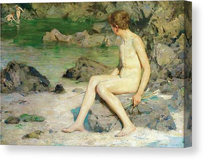 Cupid Canvas Print featuring the painting Cupid and the Sea Nymphs by Henry Scott Tuke