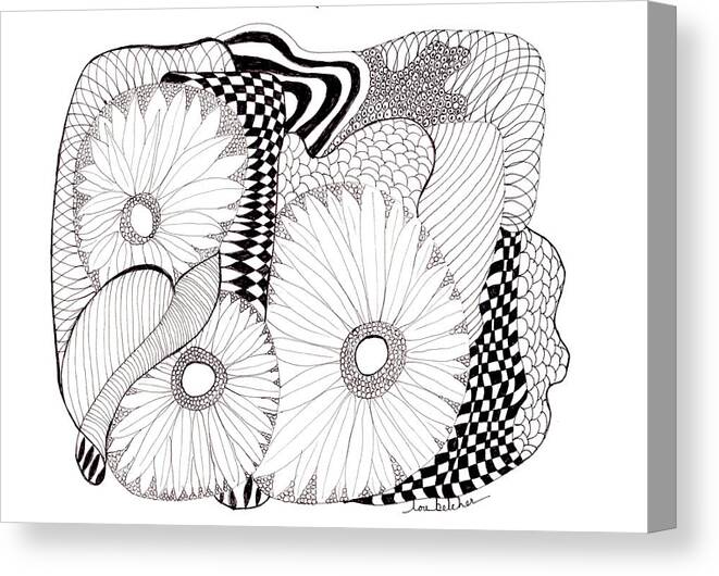 Daisy Canvas Print featuring the drawing Daisy Zentangle by Lou Belcher