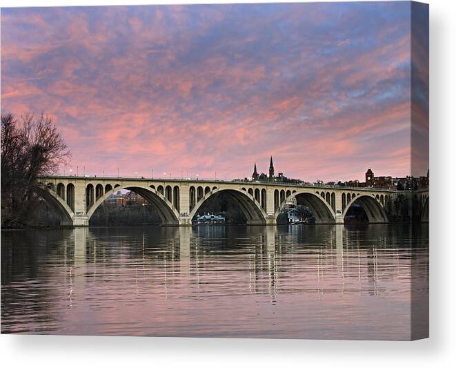 key Bridge Canvas Print featuring the photograph DC Sunrise over the Potomac River by Brendan Reals