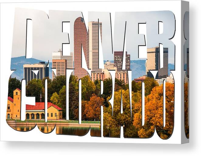 Denver Canvas Print featuring the photograph Denver Colorado Skyline Typography - Denver in the Fall by Gregory Ballos