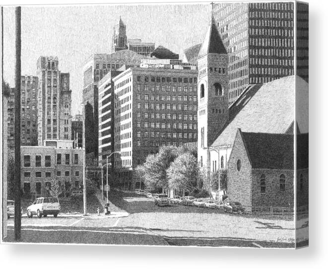 Des Moines Canvas Print featuring the drawing Downtown Des Moines by Joel Lueck