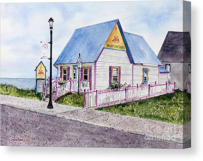 A Quaint Little Bookstore In Grand Marais Canvas Print featuring the painting Drury Lane Books by Monte Toon