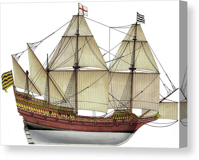Galleon Canvas Print featuring the painting Elisabethan Galleon by The Collectioner