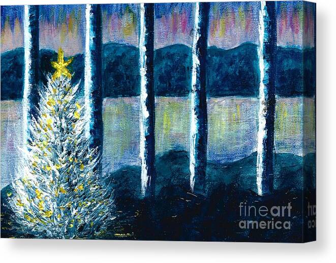 #christmas #trees #christmastrees #forests #lakes #holidays #seasonal Canvas Print featuring the painting Enlightened Forest by Allison Constantino