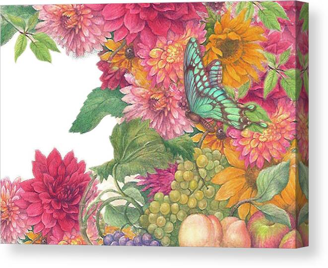 Sunflower Canvas Print featuring the painting Fall Florals with illustrated butterfly by Judith Cheng