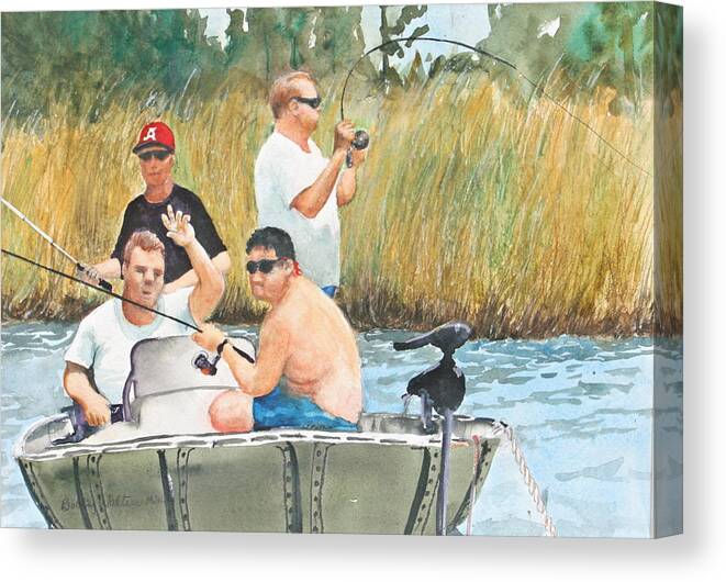 Fishing Canvas Print featuring the painting Fat Guys Love To Fish by Bobby Walters