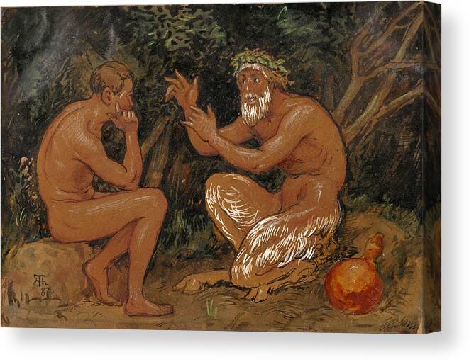 Hans Thoma Canvas Print featuring the drawing Faun and youth by Hans Thoma