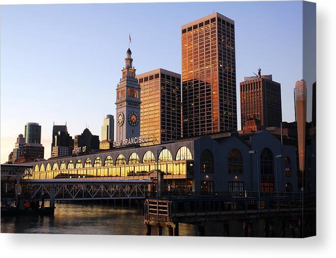 Ferry Canvas Print featuring the photograph Ferry Building and San Francisco by James Kirkikis