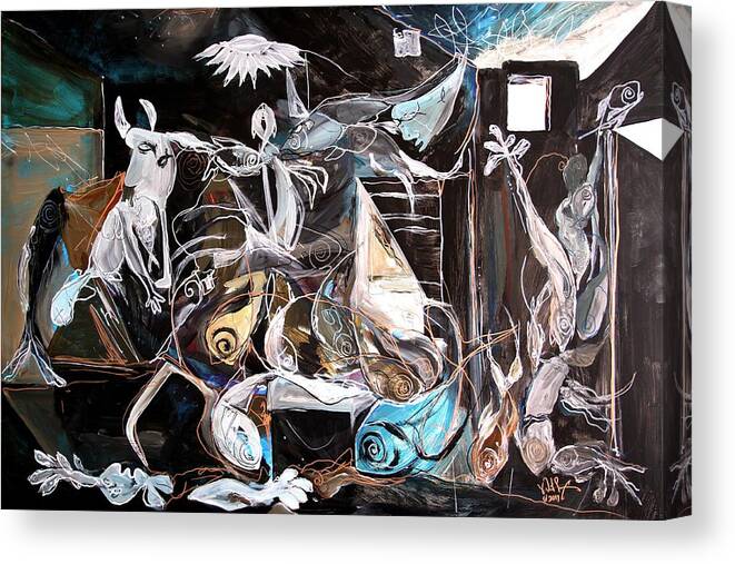 #painting #picasso #guernica #fish #fish #fishart #art #abstract #blue #modernart #fishabstract #abstractfish #scarpace Canvas Print featuring the painting Fish Guernica - Redefining Misery - Homage to Picasso 2017 by J Vincent Scarpace