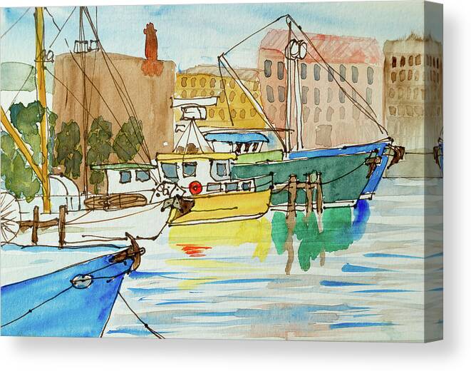 Australia Canvas Print featuring the painting Fishing Boats in Hobart's Victoria Dock by Dorothy Darden