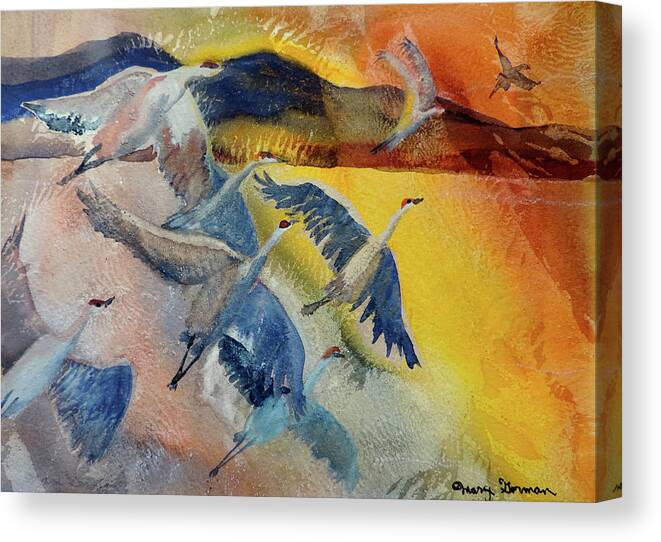 Cranes Canvas Print featuring the painting Fly Out by Mary Gorman