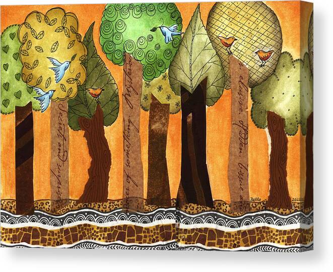 Trees Canvas Print featuring the painting Flying in the forest by Graciela Bello