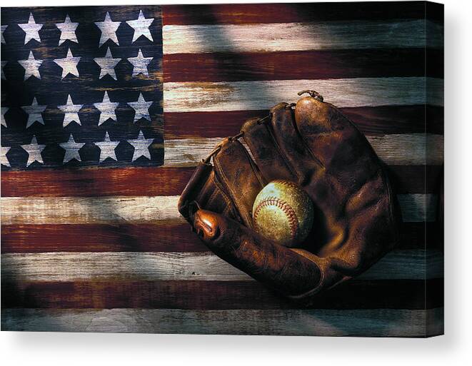  Folk Art American Canvas Print featuring the photograph Folk art American flag and baseball mitt by Garry Gay