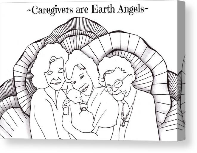 Zentangle Canvas Print featuring the drawing Four Generation Hug - Caregivers are Earth Angels by Jan Steinle