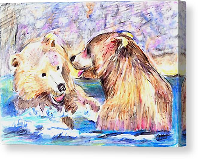 Bears Canvas Print featuring the mixed media Fun In The Water by Arline Wagner