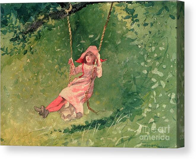 Girl On A Swing By Winslow Homer Canvas Print featuring the painting Girl on a Swing by Winslow Homer