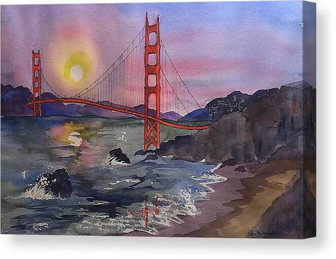 Landscape Impressionisim Watercolor Canvas Print featuring the painting Golden Gate from Baker Beach by Esther Woods