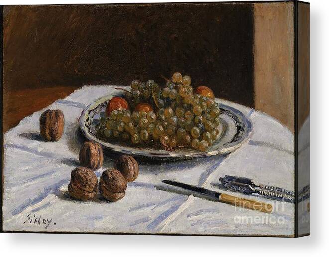 Grapes And Walnuts On A Table Canvas Print featuring the painting Grapes and Walnuts on a Table by MotionAge Designs