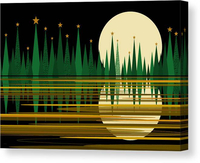 Green Abstract Reflected Landscape With Stars Canvas Print featuring the digital art Green Abstract Reflected Landscape with Stars by Val Arie