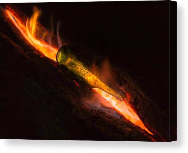 Background Canvas Print featuring the photograph Green Glass Bottle and Campfire by John Williams