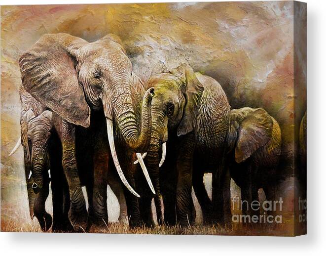 Giraffe Canvas Print featuring the painting Group of Elephants 01 by Gull G