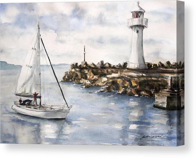 Sailing Boat Lighthouse Harbour Wollongong Canvas Print featuring the painting Harbour Arrival by Julia Walsh