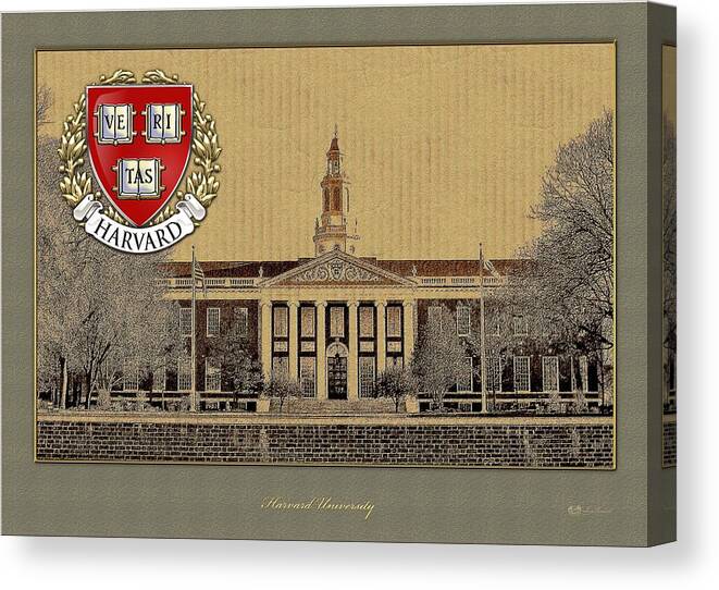 Universities Canvas Print featuring the photograph Harvard University Building With Seal by Serge Averbukh