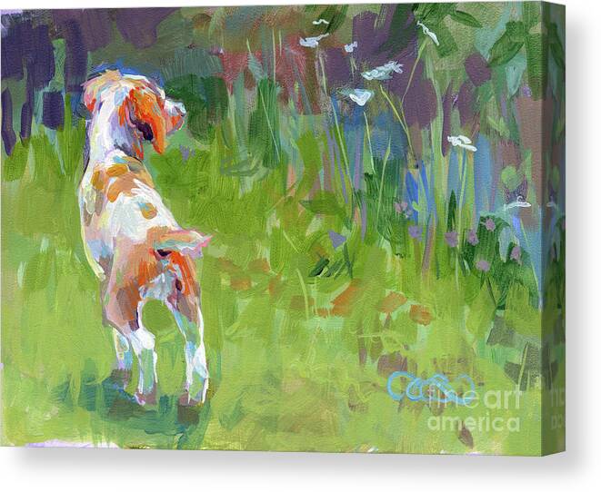 Brittany Spaniel Canvas Print featuring the painting Her First Point by Kimberly Santini