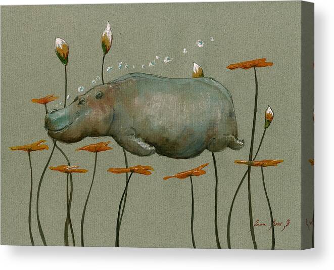 Hippopotamus Art Canvas Print featuring the painting Hippo underwater by Juan Bosco