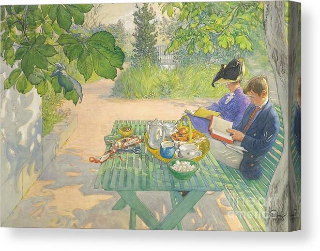 Holiday Reading By Carl Larsson Canvas Print featuring the painting Holiday Reading by MotionAge Designs