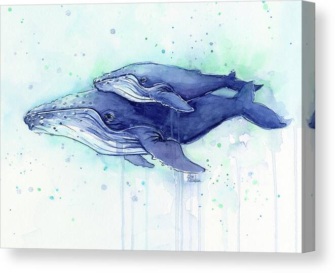 Whale Canvas Print featuring the painting Humpback Whale Mom and Baby Watercolor by Olga Shvartsur