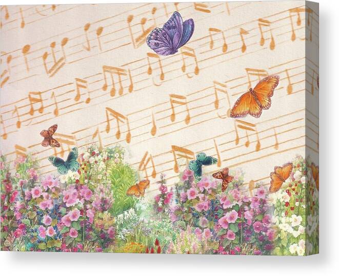 Illustrated Butterfly Canvas Print featuring the painting Illustrated Butterfly Garden with musical notes by Judith Cheng