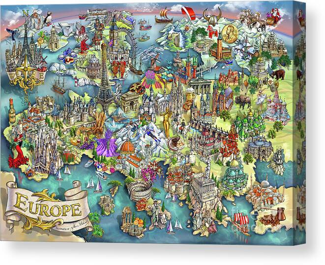 Europe Canvas Print featuring the painting Illustrated Map of Europe by Maria Rabinky